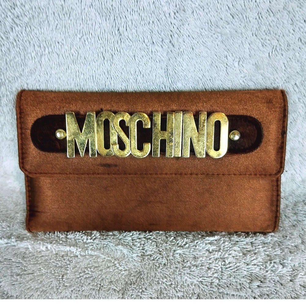 Vintage Moschino Satin‎ Logo Plaque Tri-Fold Wallet Womens Brown Bronze 90s